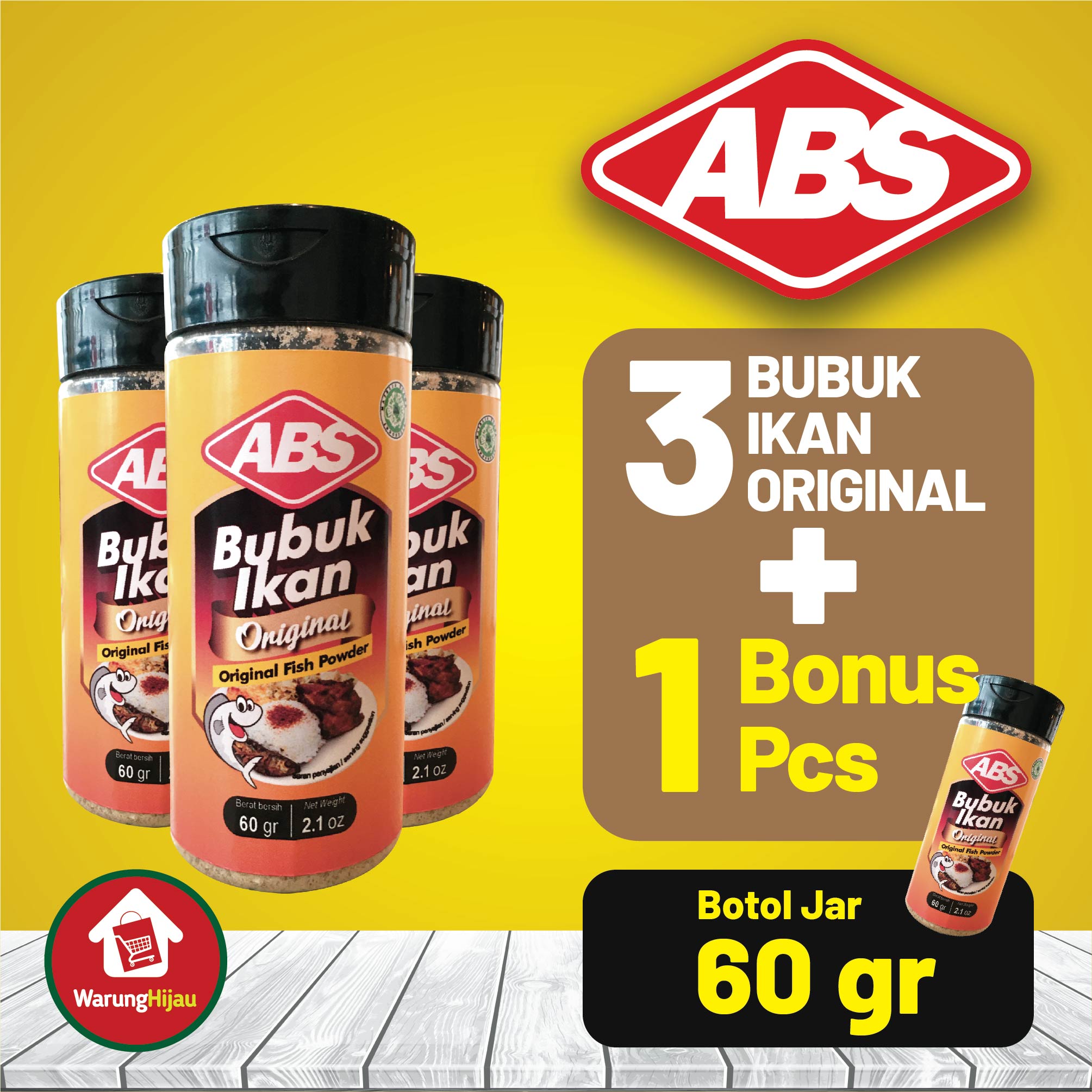 Bubuk Ikan Original ABS Botol 60 gr 3 Pcs + Bonus Bubuk Ikan Original