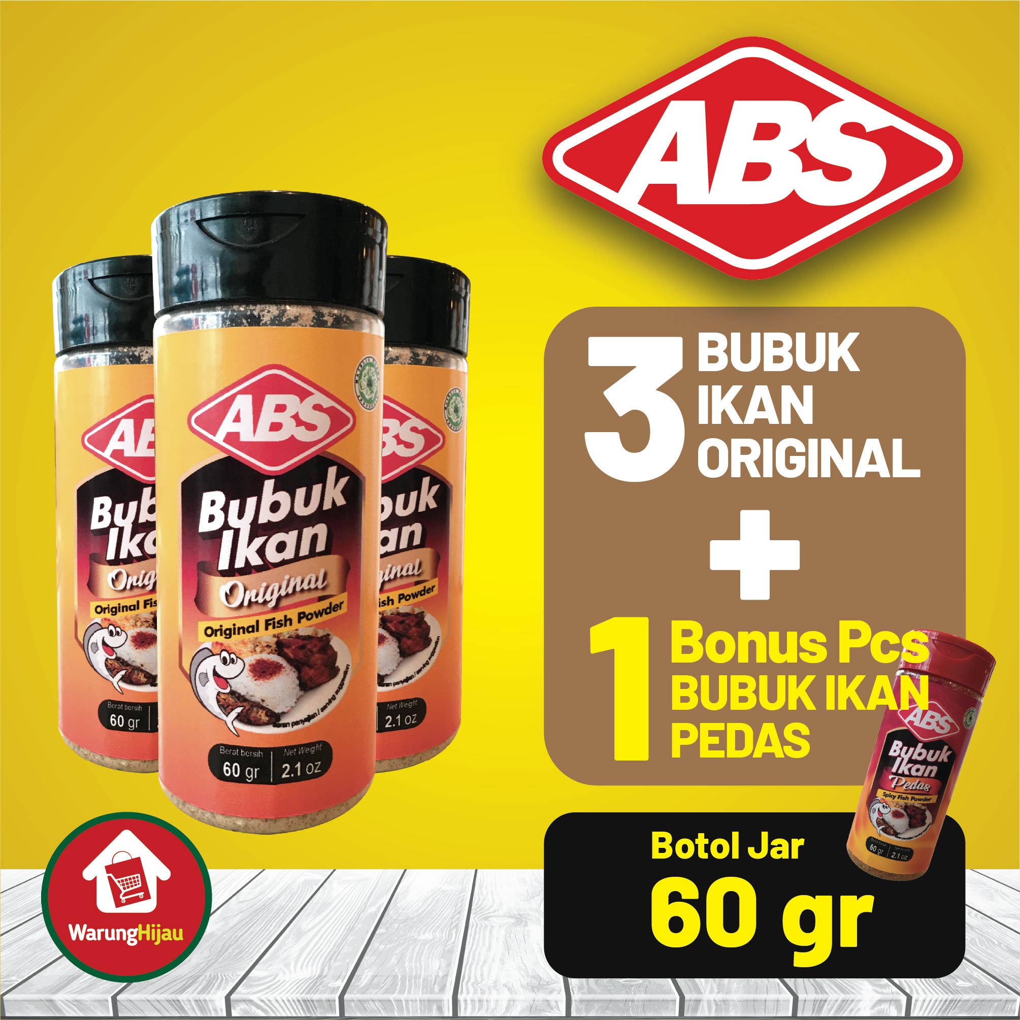 Bubuk Ikan Original ABS Jar 60 gr - 3 Pcs Bonus 1 Pcs Bubuk Pedas 